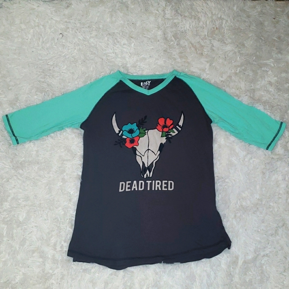 Lazy One Size Extra Small "Dead Tired" Grey & Seafoam Green 3/4 Sleeve T-shirt
